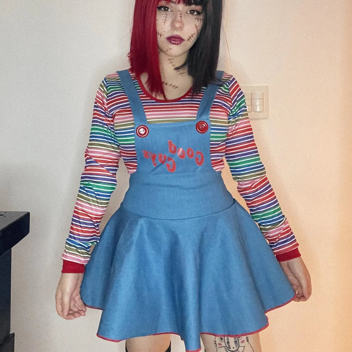 Women Devil Halloween Cosplay Costume Long Sleeve Striped Crop Tops and Suspender Mini Skirt Festival Party Outfits