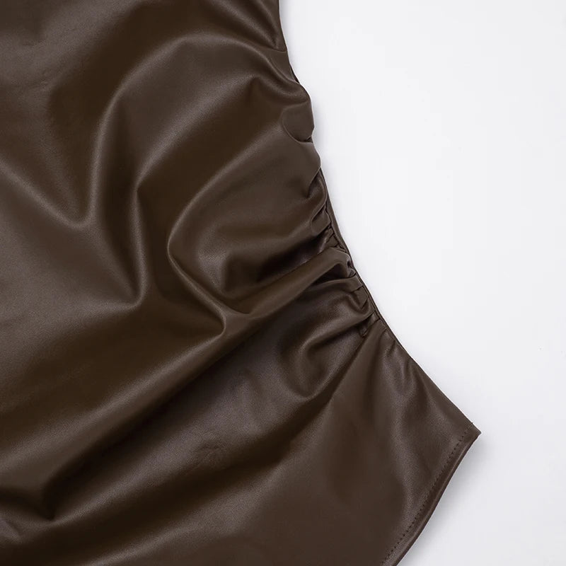 Faux Leather Tank Top Women Solid Slanted Collar Zip Ruched Slanted Hem Skinny Midnight Street Club Basic Wild Vest