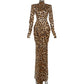 Sexy Leopard Evening Party Dresses Winter Clothes Woman Turtleneck Hollow Backless Long Sleeve Maxi Dress
