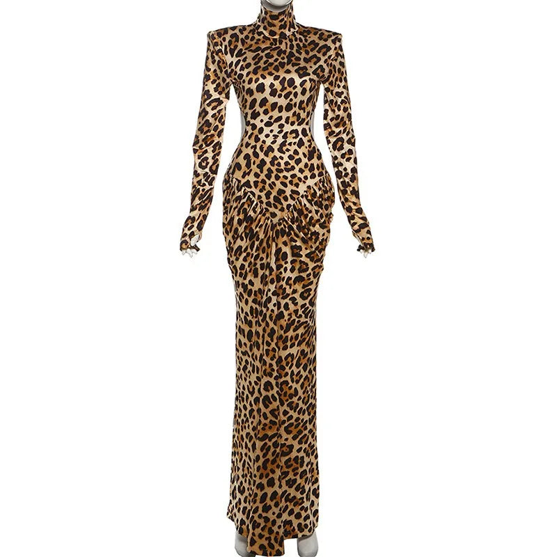 Sexy Leopard Evening Party Dresses Winter Clothes Woman Turtleneck Hollow Backless Long Sleeve Maxi Dress