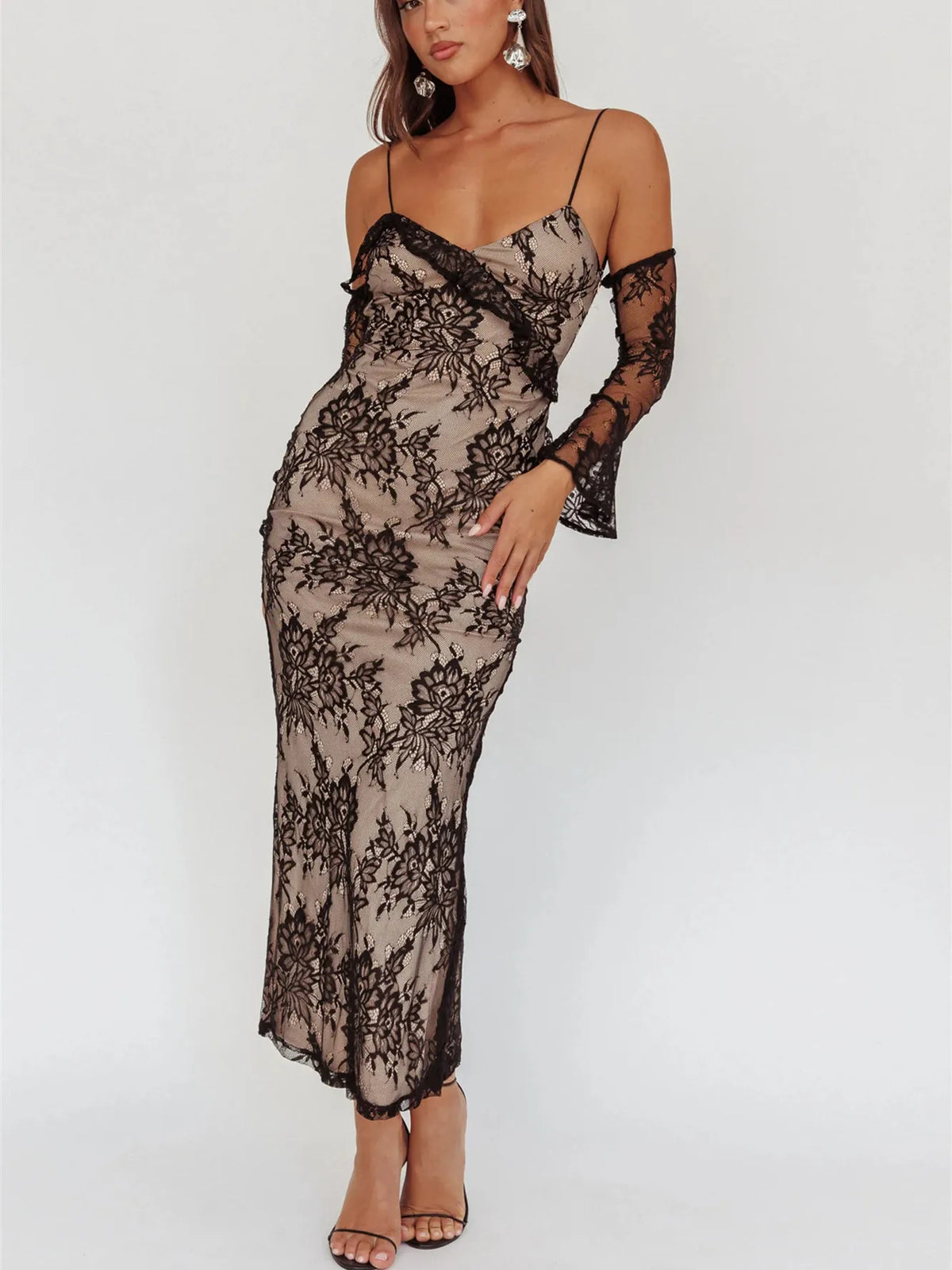 Floral Lace Slim Elegant Dresses For Women V Neck Off The Shoulder Long Sleeve High Waist Bodycon Dress Party Clubwear