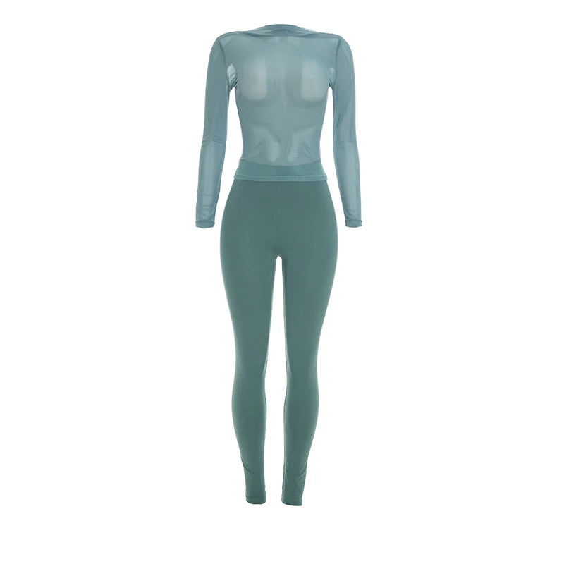 Sexy 2-Piece Set Women See Through Full Sleeve o-Neck Crop Tops+Elastic Waist Skinny Pants Midnight Wild Streetwear