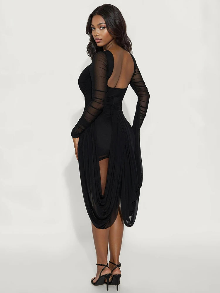 Backless Dress Women Ribbon Folds Patchwork Skinny Full Sleeve Solid Classic Sexy Autumn Fashion Party Mini Bodycon