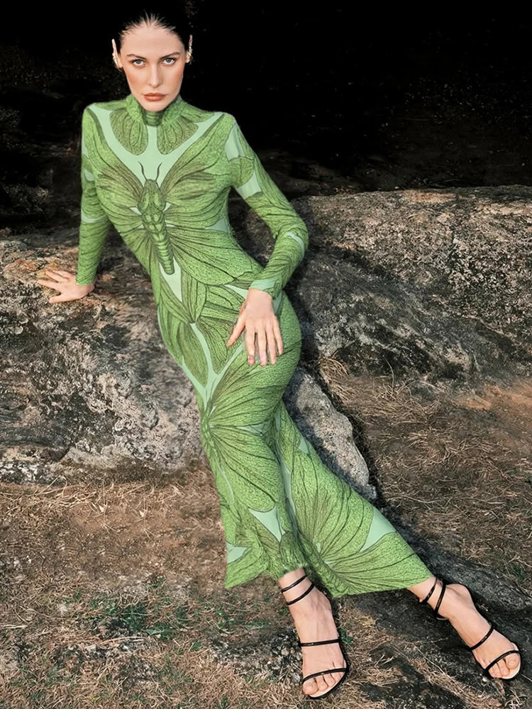 Sexy See Through Women Dress Butterfly Print Long Sleeve Elegant Stretch Skinny Midnight Clubwear Midnight Bodycon