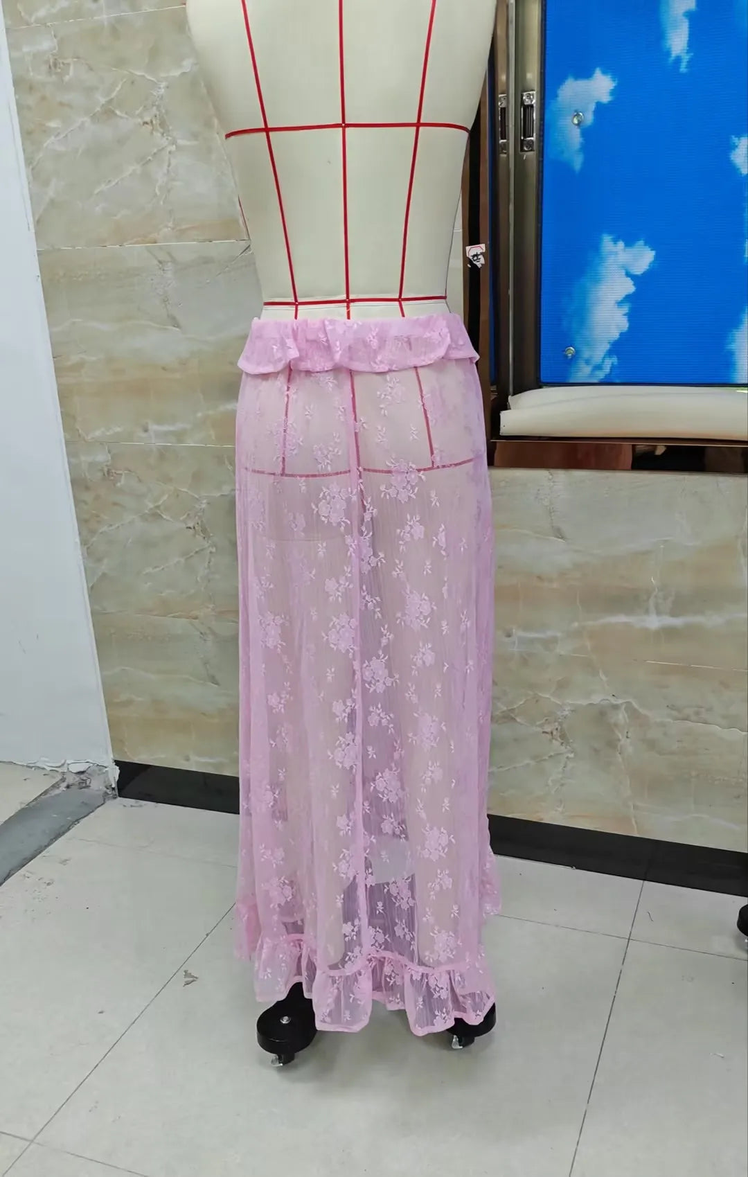 Women Asymmetrical Lace Flowy Skirt Vintage Long Skirts High Waist Ruffle Midi Aesthetic Ladies See Through Beach Skirts