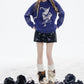 Y2K High Waist Gothic Floral A-Line Skirt Women, Black Skirt with Purple Print, Romantic Shoujo Cute Short Skirt