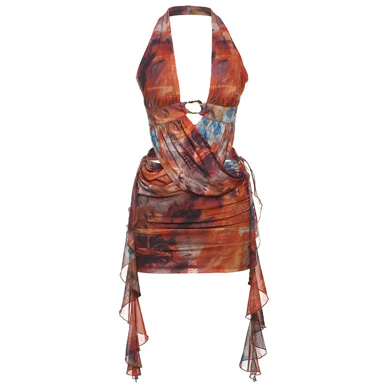Fashion Print Deep V Neck Backless Mini Dress Sexy Clothes for Woman Hollow Out Backless Dresses