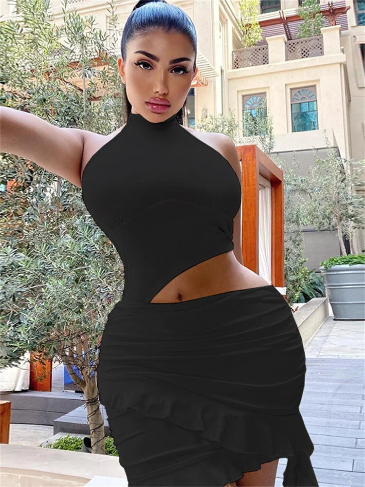 Sexy Hollow Waistless  Dress Women Halter Turtleneck Backless Sleeveless Ruffles Tassel Hottie Hipster Mini Bodycon