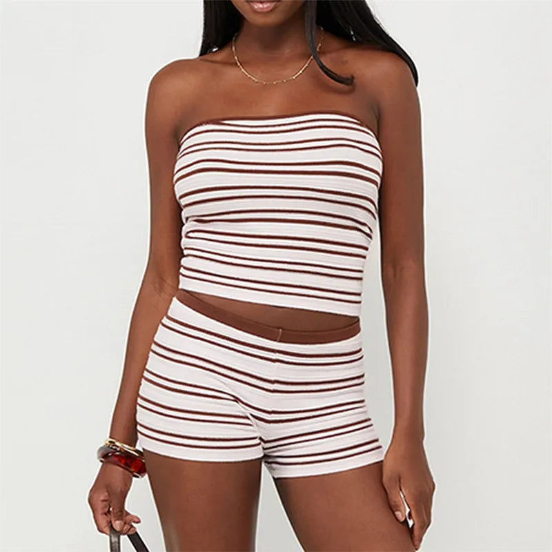 Vintage Stripe 2 Piece Outfit Women Contrast Edge Strapless Tube Top Slim Fit Hot Shorts Casual Summer Y2K Streetwear