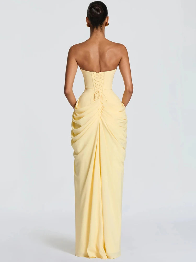 Chiffon Off-shoulder Strapless Sexy Maxi Dress Women Elegant Sleeveless Backless High Split Ruched Club Party Dress