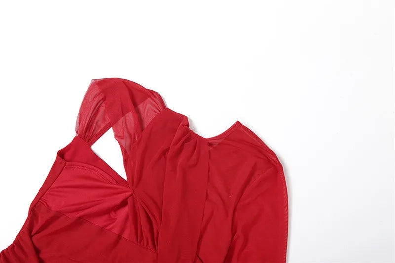 Mesh Sheer Sexy Red Evening Party Dresses Woman Elegant Christmas Asymmetrical Cutout Long Sleeve Maxi Dress