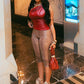 Fashion 2Piece Set Woman PU Leather Skew Collar Backless Tank Tops+Skinny Wrap Hip Crop Pants High Street Style Suit