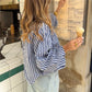 Womens Striped High Neck Blouse Puff Sleeve Open Back Bow Tie Shirt Loose Fit Vintage French Holiday Casual Tops