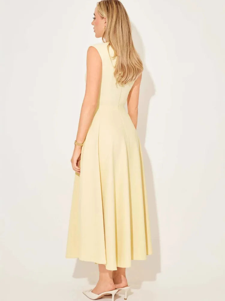 Sleeveless High Waist Sexy Midi Dress For Women Fashion Elegant Solid Pleated Club Party Long Dresses Female New