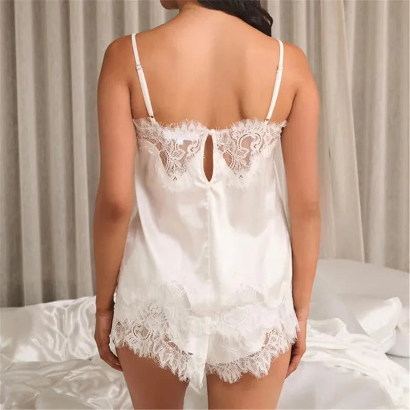 Women Sexy 2 Piece Pajama Set Lace Trim Satin Cami Top and Silky Pj Shorts Coquette Lounge Outfits Sleepwear