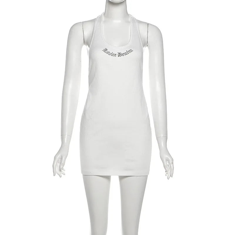 Low Cut Hollow Out Backless Mini Dresses Sexy Woman Clothes Letter Print White Ribbed Tank Dress