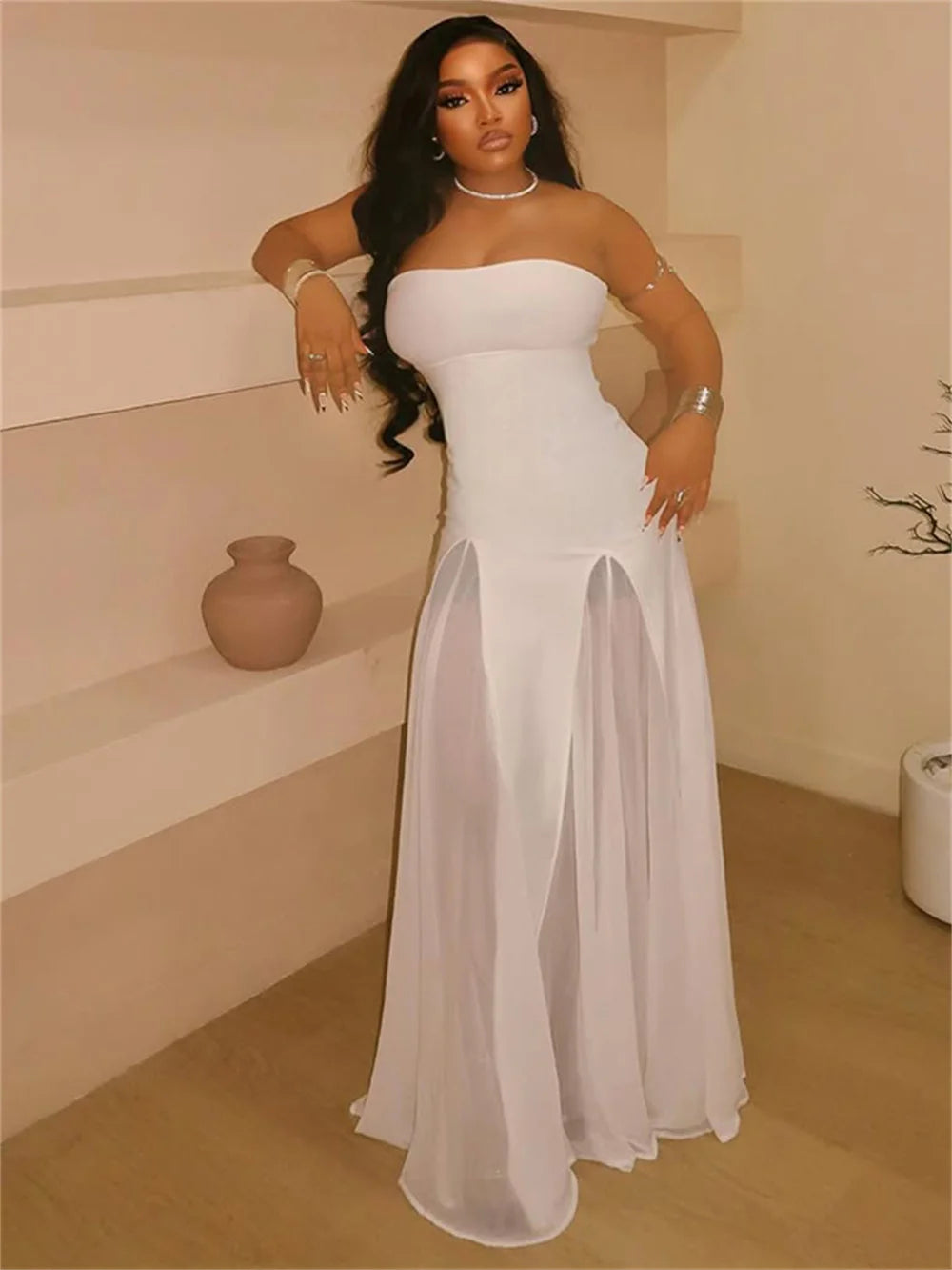 Elegant Strapless Dress Women Solid Y2K Patchwork Mesh Hem Birthday Party Evening Banquet Sexy Vacation Chic Bodycon