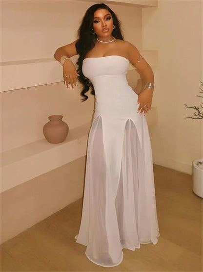 Elegant Strapless Dress Women Solid Y2K Patchwork Mesh Hem Birthday Party Evening Banquet Sexy Vacation Chic Bodycon