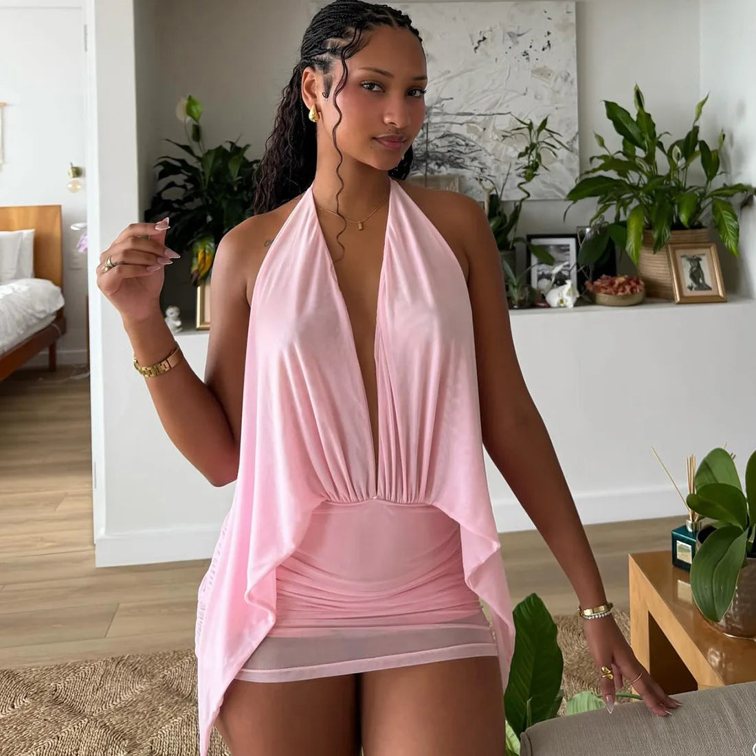 Women's Sexy Halter Neck Backless Mini Dress Solid Color Deep V Mesh Ruched Bodycon Dress Summer Beach Party Clubwear