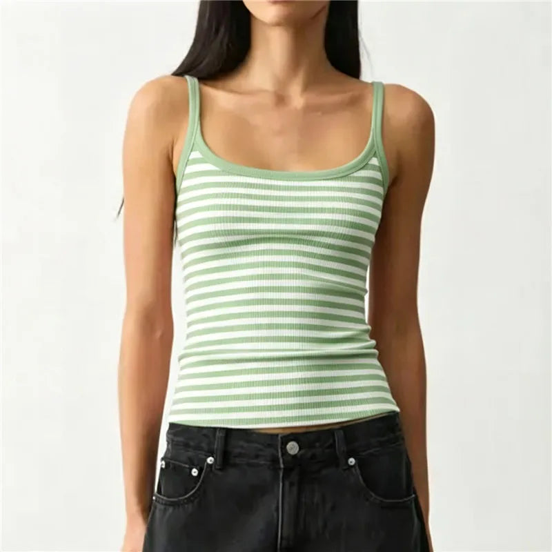 Women Striped Ribbed Tank Top U Neck Sleeveless Slim Fit Cami Top Y2K Retro Stripe Print Summer Casual Camisole