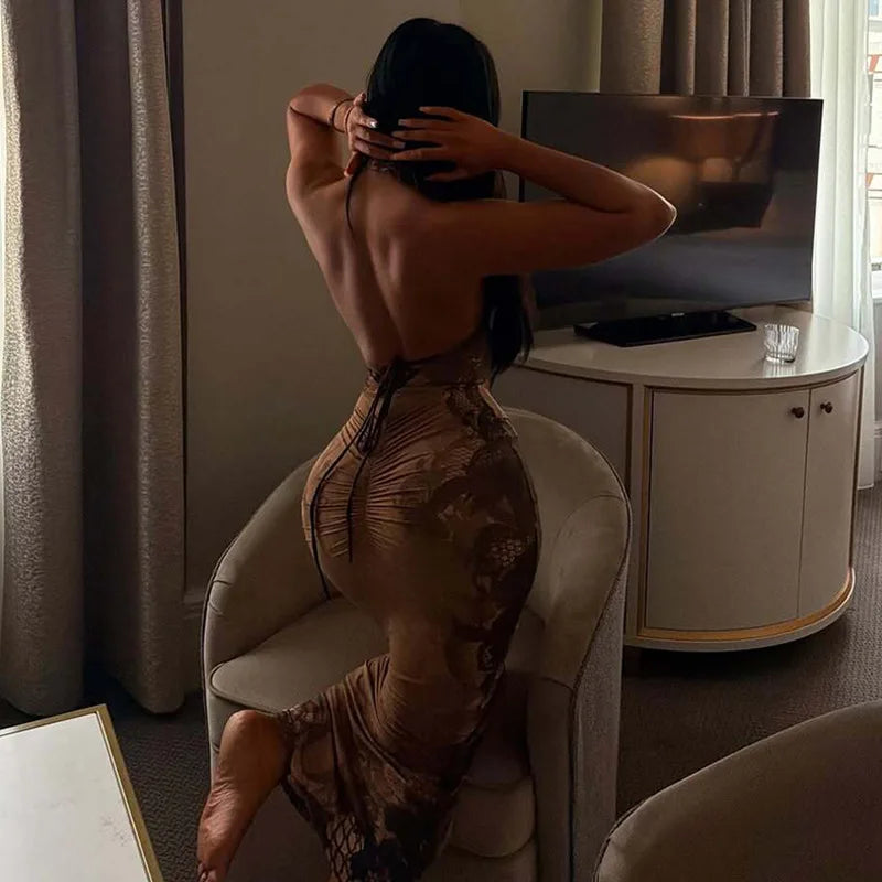 Brown Lace Print Halterneck Maxi Dress Woman Clothing Sexy Evening Party Summer Dresses 2026