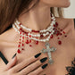 Gothic Multi-layer Imitation Pearl Choker Necklace for Women Vintage Red & Black Crystal Cross Pendant Halloween Jewelry