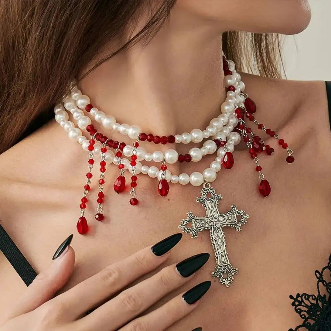 Gothic Multi-layer Imitation Pearl Choker Necklace for Women Vintage Red & Black Crystal Cross Pendant Halloween Jewelry