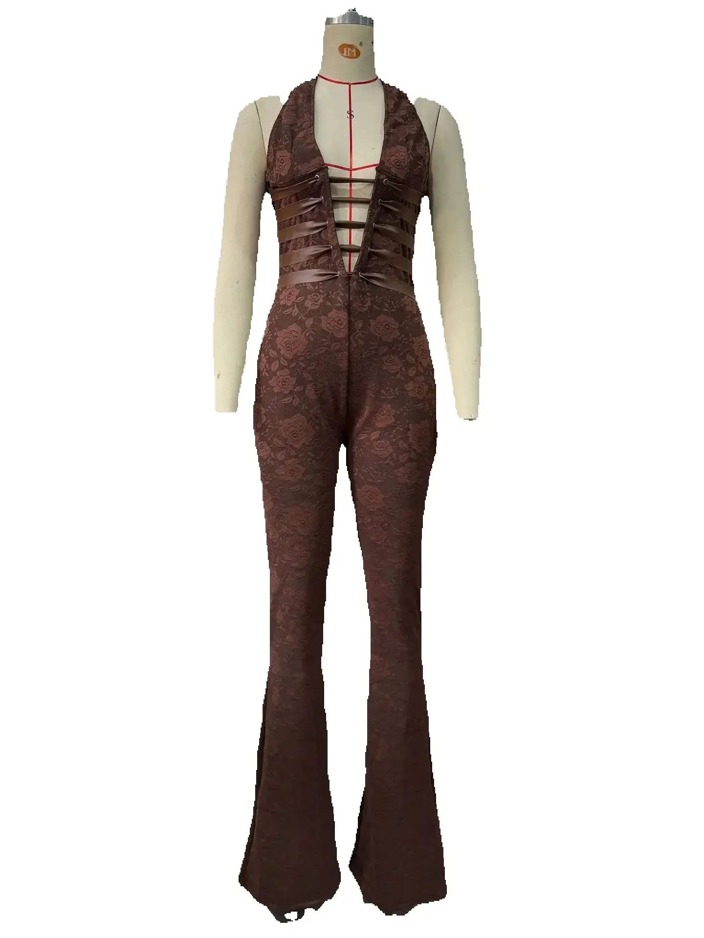 Hollow Bandage Jumpsuits Women Halter Sexy Jacquard Backless Sleeveless Skinny Street Workout Club Hipster Overalls