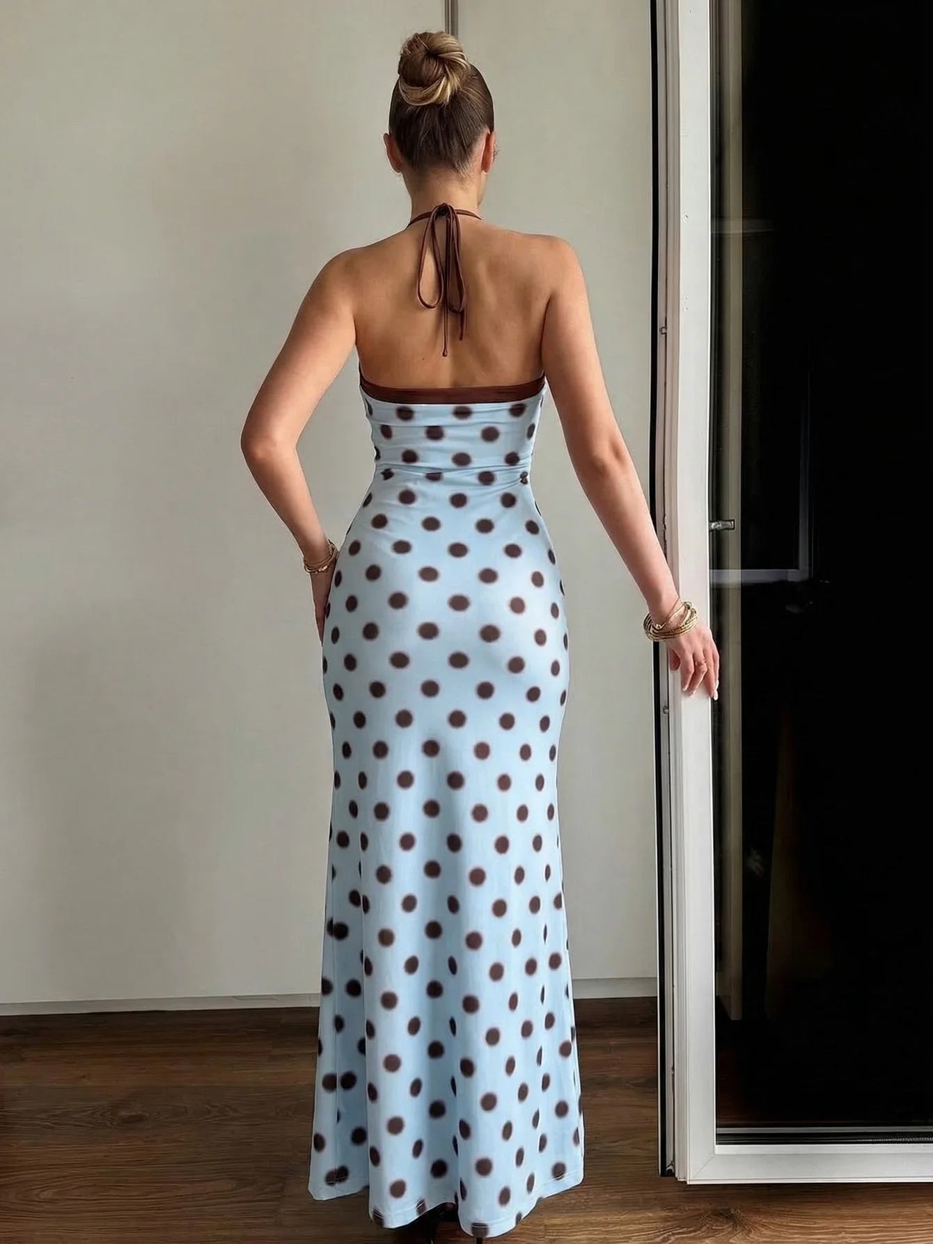 Blue Polka Dots Summer Dress for Woman 2026 Elegant Sexy Halter Backless Maxi Party Dresses