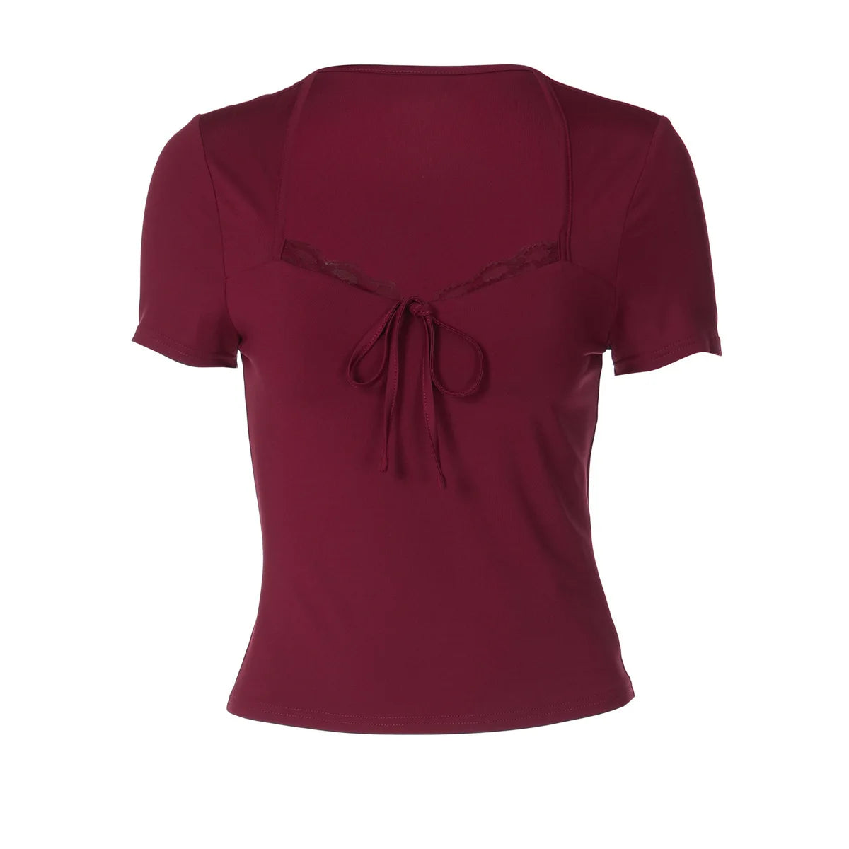 Women's T-shirts Bow Tie Lace Trim Square Neck Short Sleeve Crop Tops for Woman Sexy Summer Clothes 2026