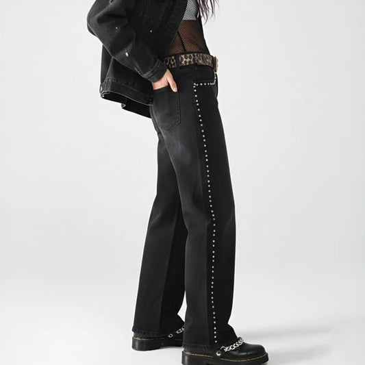 Women Jeans Causal Wide Straight Leg Studded Rhinestone Decor Denim Pants with Pockets All Match Vintage Streetwear