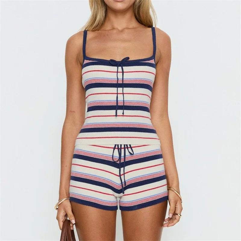 Women Y2K Retro Striped Knit Two Piece Set Spaghetti Strap Bow Front Top and Drawstring Shorts Summer Casual Streetwear