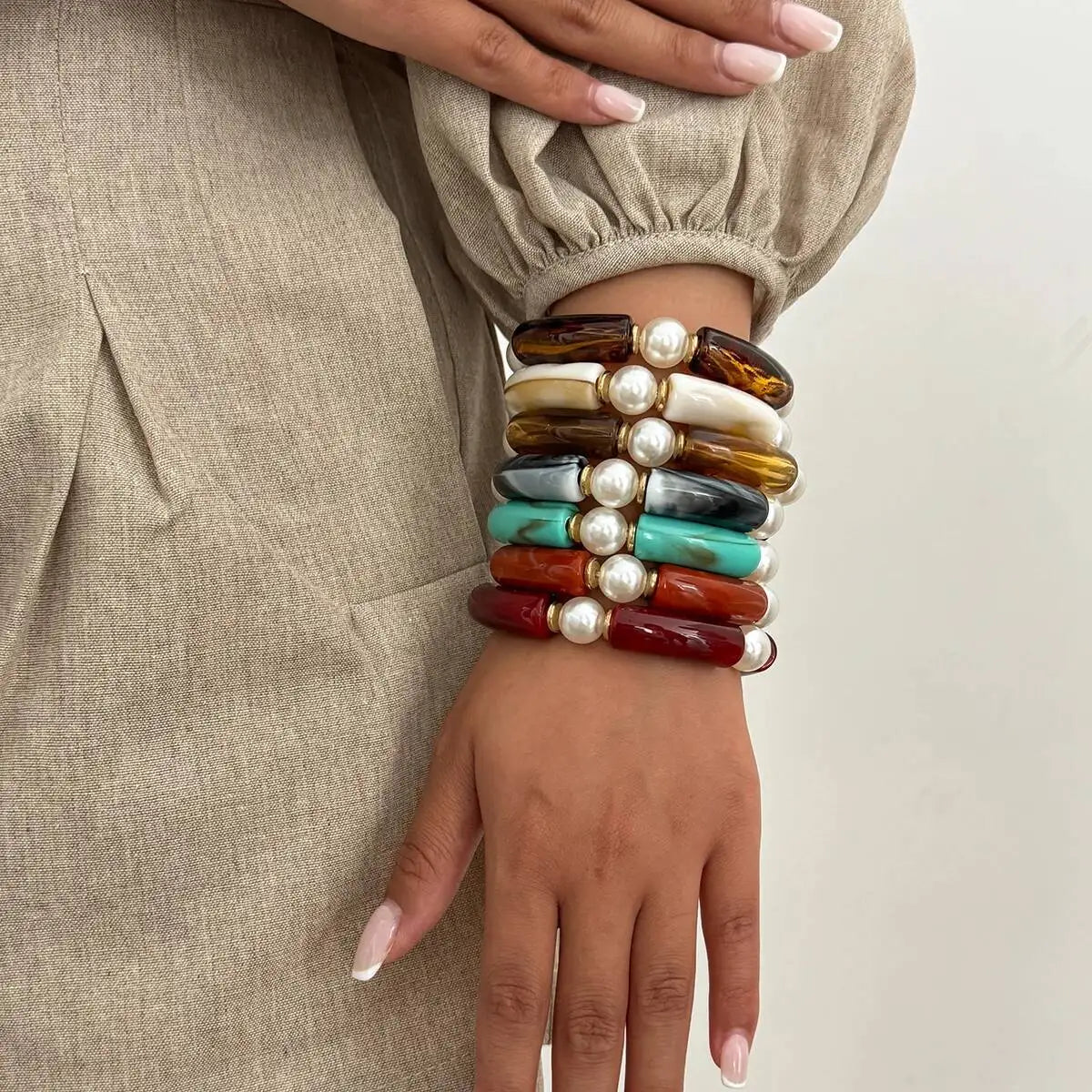 7 Styles Vintage Resin Round Tube Elastic Bangle Bracelet for Women Boho Stackable Imitation Pearl Acrylic Bead Bracelet