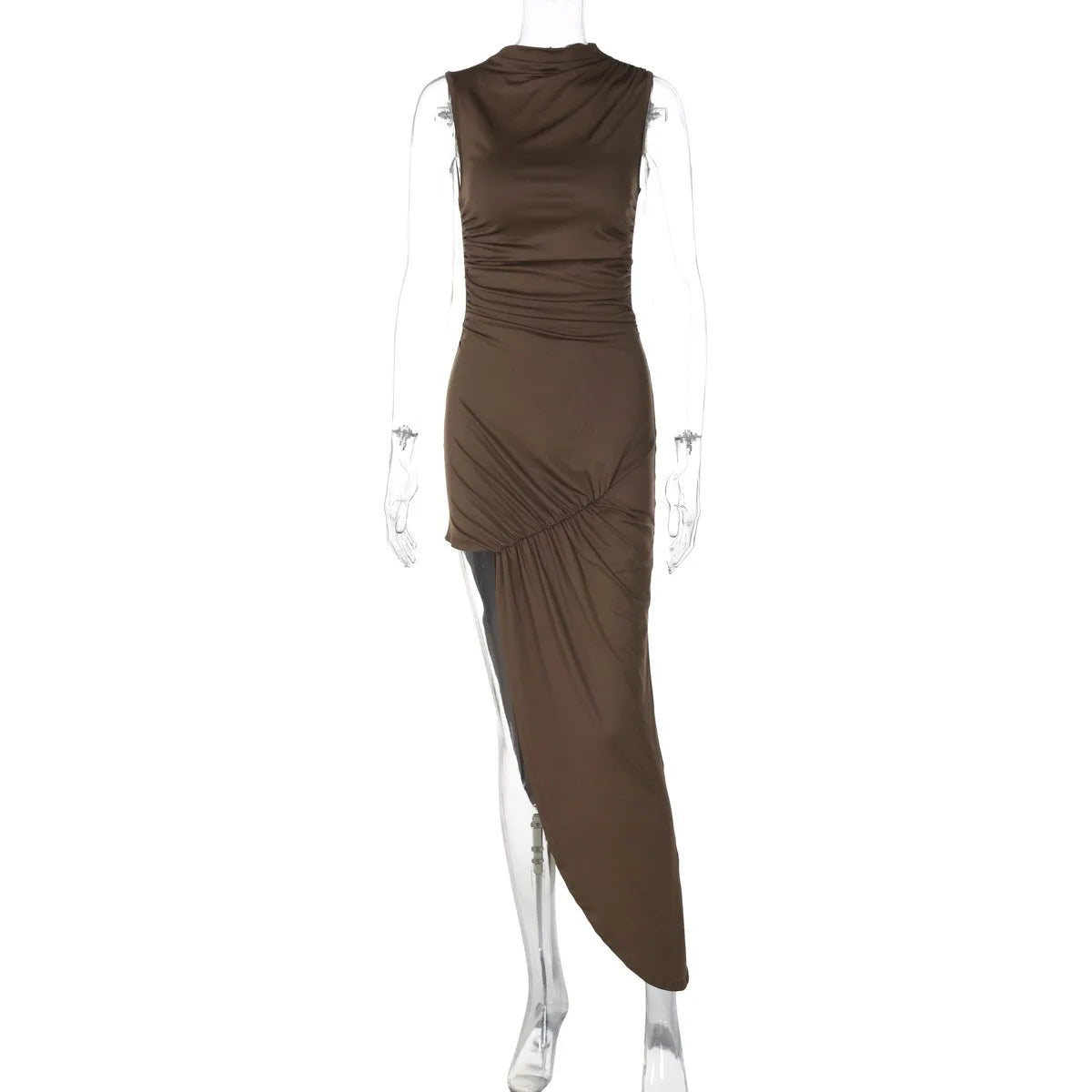 Summer Ruched Split Maxi Dress Women Gown Fashion Solid O Neck Sleeveless High Waist Tank Dress 2025 New Dresses