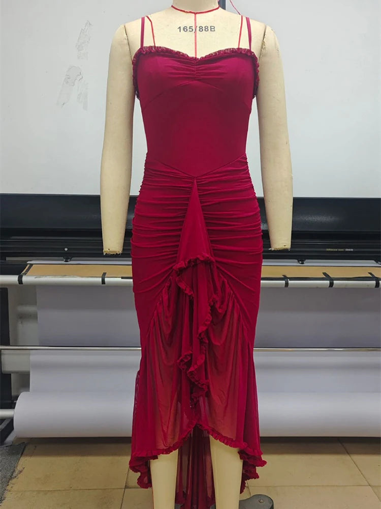 Ruffled Draped Ruched Sexy Maxi Dress For Women Yellow Spaghetti Strap Sleeveless Backless Club Party Sexy Long Dress