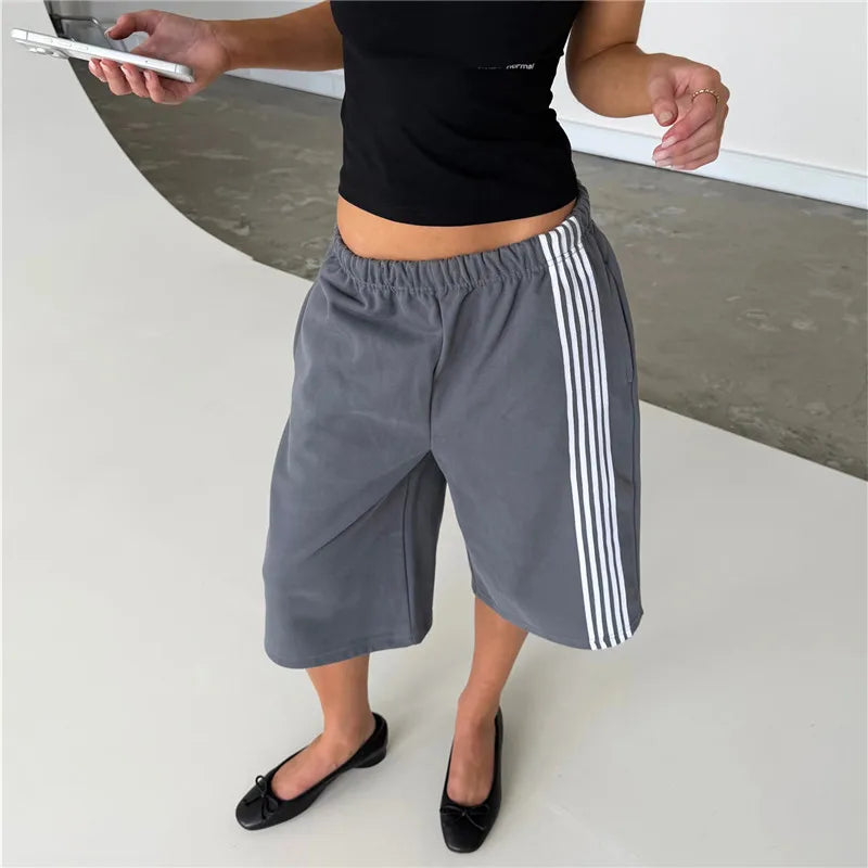Elastic Drawstring Waist Side Stripes Cropped Seven Pants Women Loose Wide Leg Sweat Jogger Casual Street Bottoms