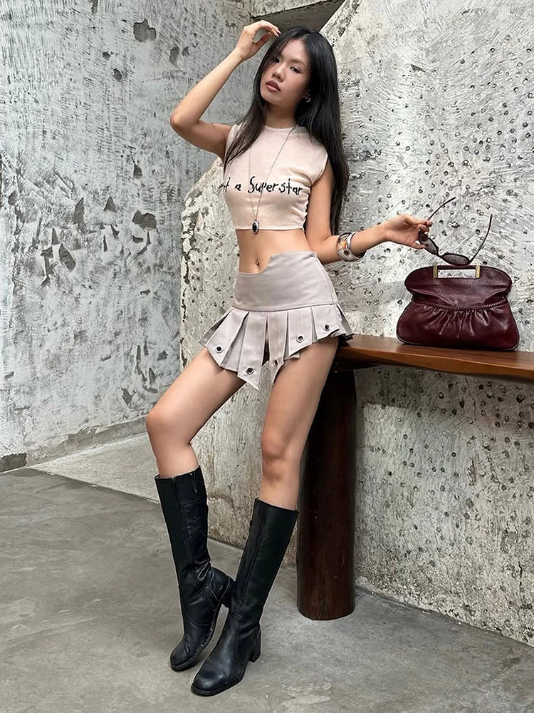 Fashion Hottie Irregular Skirts Women Summer Sexy Metal Hollow Patchwork Ruched Chic Midnight High Street Club Mini Skirt
