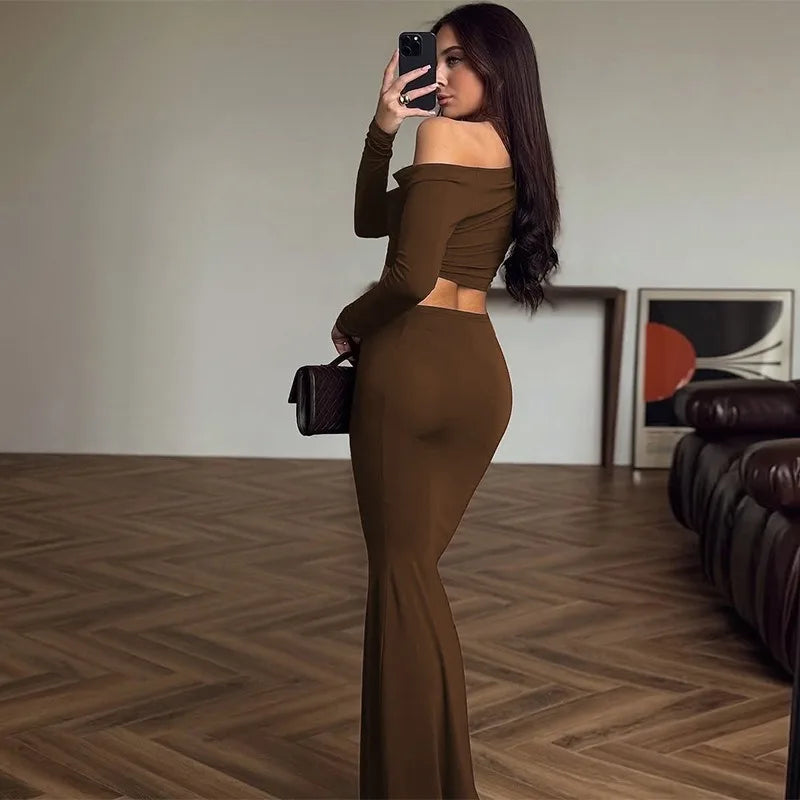 Brown Two Piece Set One Shoulder Long Sleeve Top and Maxi Skirt Sexy Classy Outfit Woman Fall Fashion