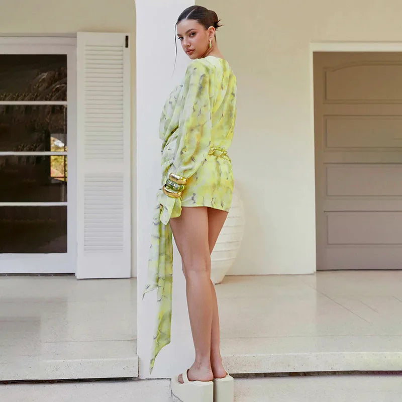 Yellow Floral Tie-dye Print Long Sleeve Mini Dress Fall 2026 Elegant Chiffon Dresses for Woman Clothing