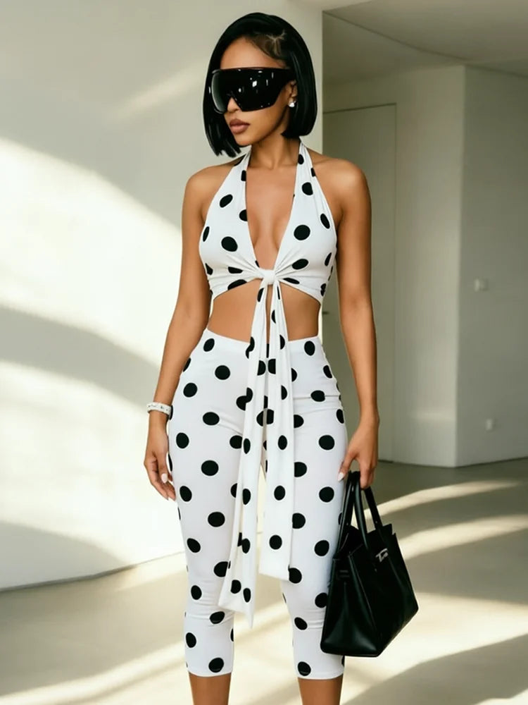 Polka Dot Print 2piece Set Women Tassel Halter v-Neck Kink Vest Elastic Waist Simple Short Midnight Sexy Fashion Suit