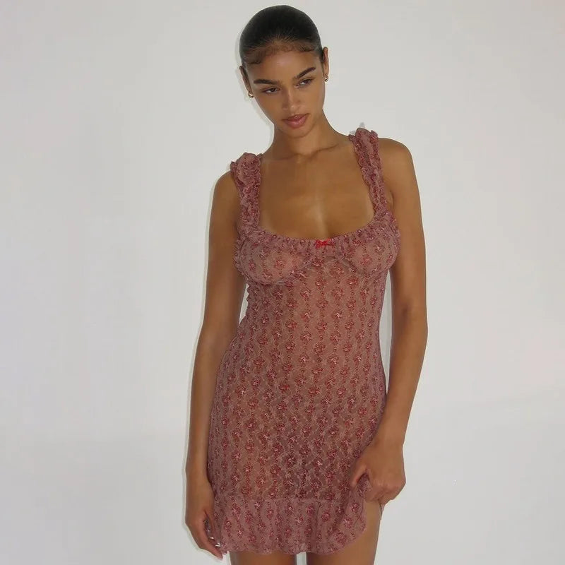 Sheer Floral Mesh Summer Dresses 2026 Woman French Vintage Fashion Sleeveless Ruffle Mini Dress C83