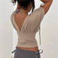 Y2K Deep V Neck Ruched Drawstring Sleeve Top Women Short Sleeve Backless Slim Fit Casual Streetwear Party Blouse