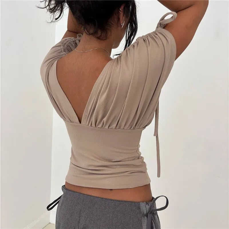 Y2K Deep V Neck Ruched Drawstring Sleeve Top Women Short Sleeve Backless Slim Fit Casual Streetwear Party Blouse