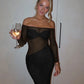 Rhinestone Mesh Off Shoulder Long Sleeve Maxi Dress Dinner Outfits Women Elegant Sexy Evening Party Dresses