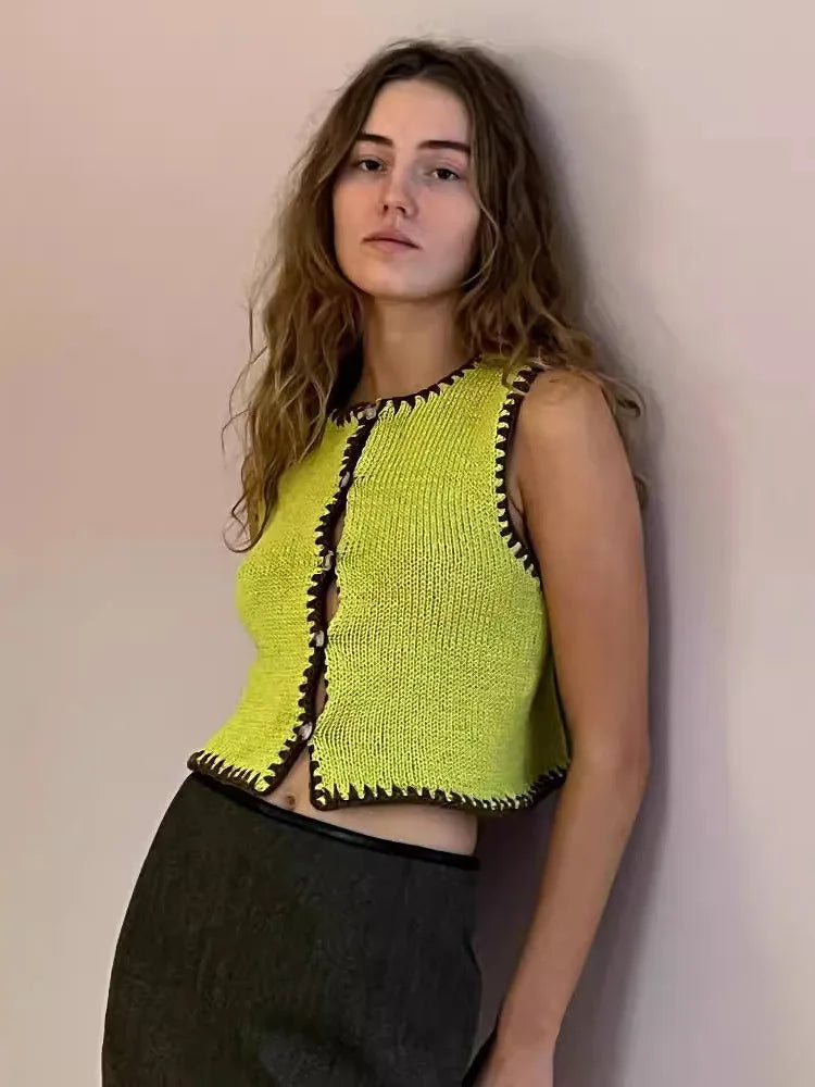 Contrast Color Knit Sweater Vest Women O Neck Single-btrasted Sleeveless Crop Tops Ladies Fashion Knitted Tops Vest