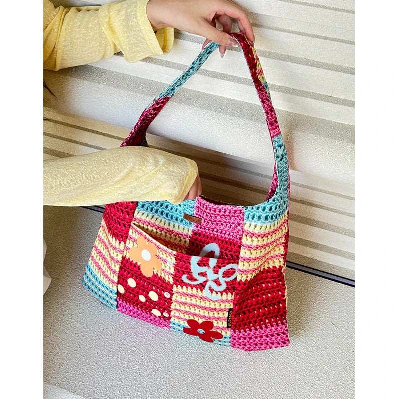 Colorful Crochet Tote Bag, Bohemian Floral Print Knit Shoulder Bag, Casual Summer Beach Bag for Women