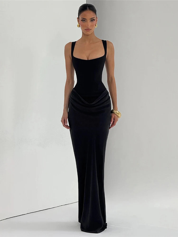 Woman Square Collar Sleeveless High Waist Sexy Backless Gown Dress Midnight Prom Party Ruched Elegant Long Bodyc