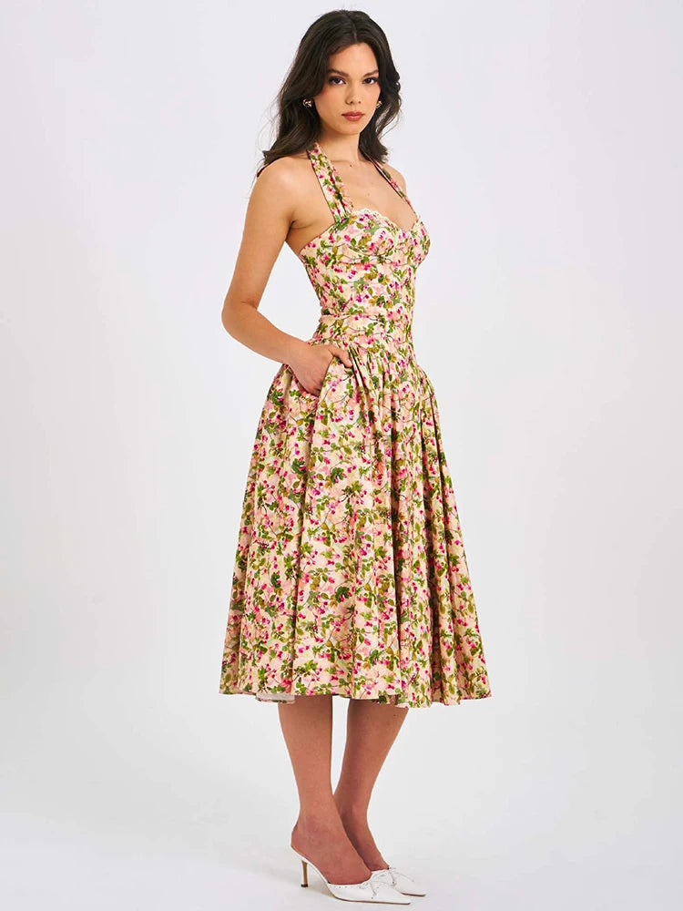 Women Halter Floral Print Sexy Midi Dress Sweetheart Neck Sleeveless Backless Pleated Bodycon Club Party Longdress