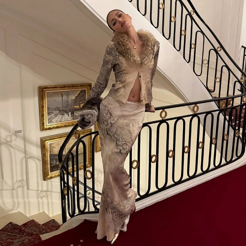 Sexy 2 Piece Sets Woman Outfit Faux Fur Collar V Neck Long Sleeve Cardigan and Maxi Skirt Matching Set