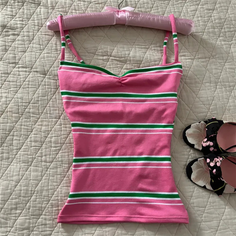 Cute Stripe Camisole Top Summer Women Sweetheart Neck Spaghetti Strap Slim Low Back Crop Top Y2K Aesthetic Streetwear